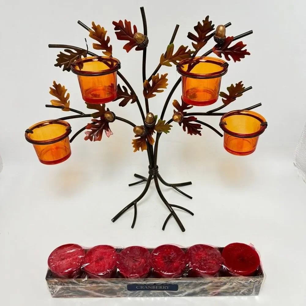 Metal Tree Votives Candle Holder With Orange Glass And Acorn Details